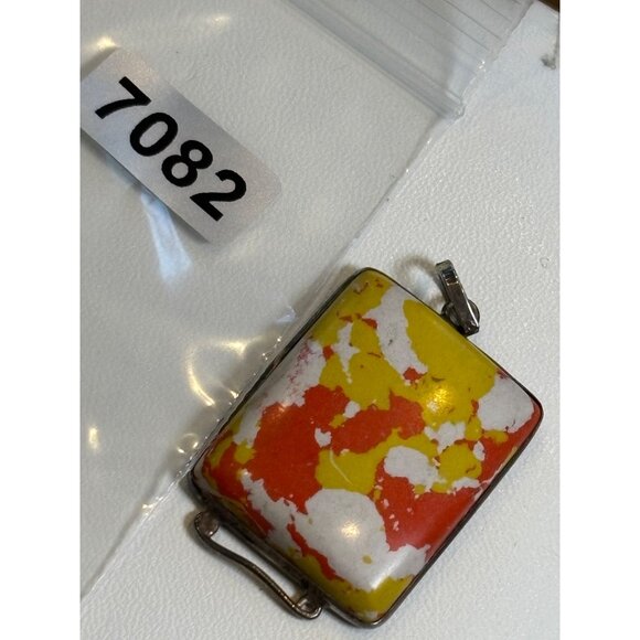 Vintage Rectangular Abstract Enamel Pendant With Silver-Tone Frame - Picture 2 of 6